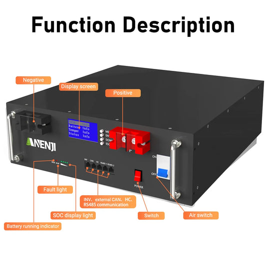 ANENJI LiFePO4 Rackmonterat Batteri 51,2V 100Ah 5kWh – 16S1P, A-grade, BMS 16S100A, RS485/CAN, Parallellkopplingsbar, >6000 Cykler, Hemmasolenergi, EU-lager (Polen)