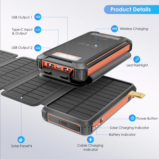 Solcell Powerbank 26 800/32 000mAh – PD 22,5W + QC 3.0, Qi 15W Trådlös, 4 Vikbara Solpaneler 6W, LED-lampa, 3 Utgångar, EU-lager