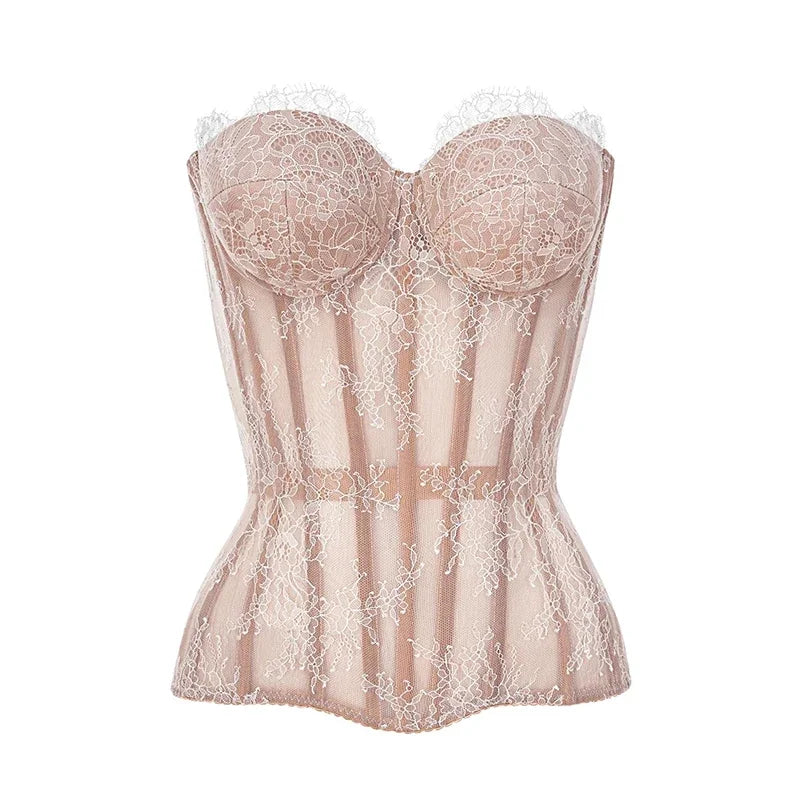 Sexy Women's Lace Fishbone Bandage Vest Black Slim Strapless Backless Female Corset 2026 Spring Summer Lady Beach Party Top New
