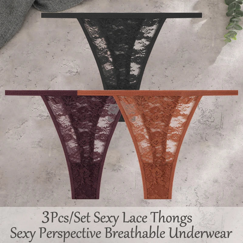 3Pcs/Set Sexy Lace Floral Panties For Women Solid Color Transparent Underwear Female Lace Perspective Hollow Out G-string Thongs