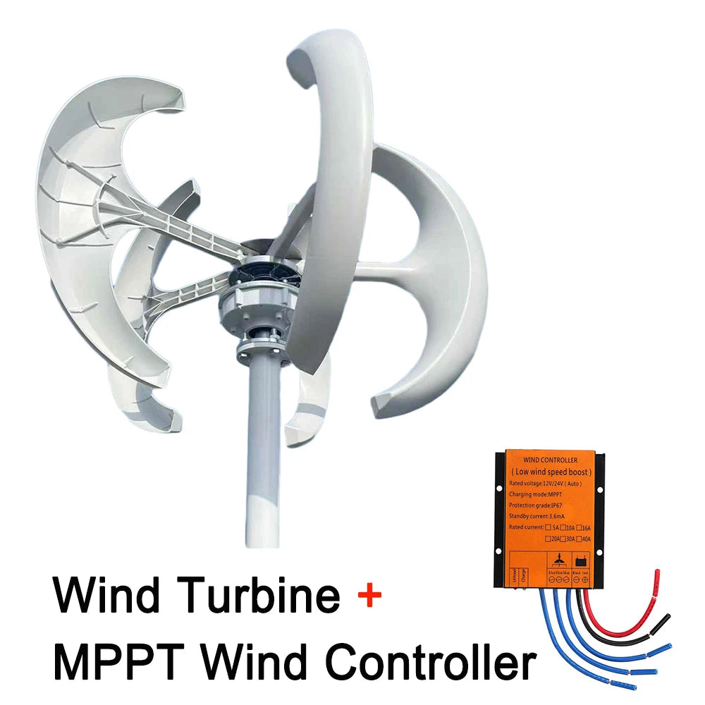 Vertikal Vindturbin 500W Lykta-design 12V/24V – Låg Startvindshastighet MPPT eller Hybrid Sol+Vind Regulator, Röd/Vit