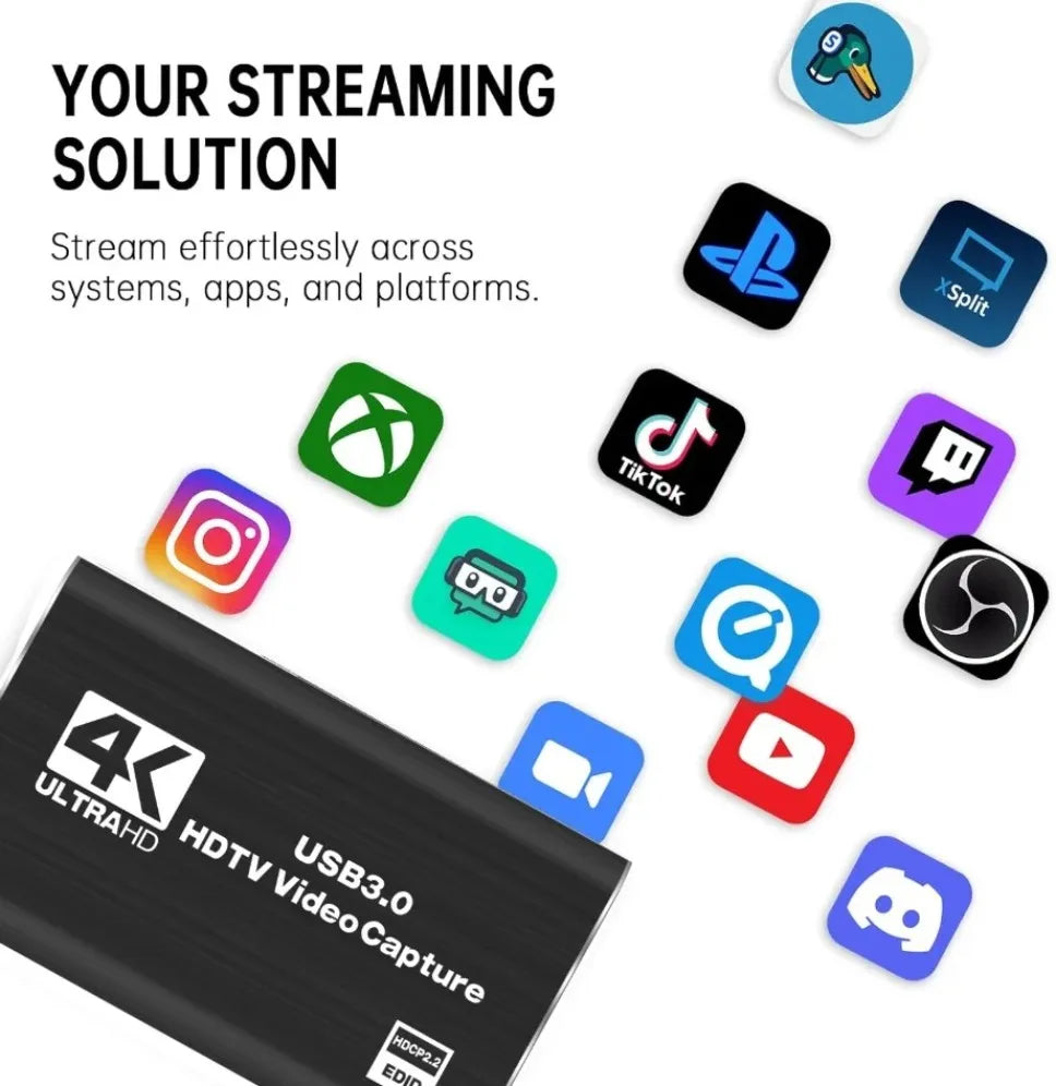 HDMI Capture Card USB 3.0 – 4K/30Hz ingång, 1080p/60fps inspelning för PS4, Xbox, Switch & OBS
