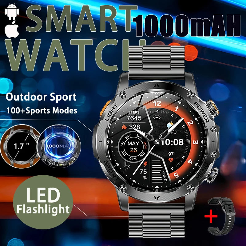 2026 New Men's GPS Outdoor Sports Smart Watch AMOLED Screen NFC Flashlight Heart Rate Monitor Waterproof Bluetooth Call 1000mAh