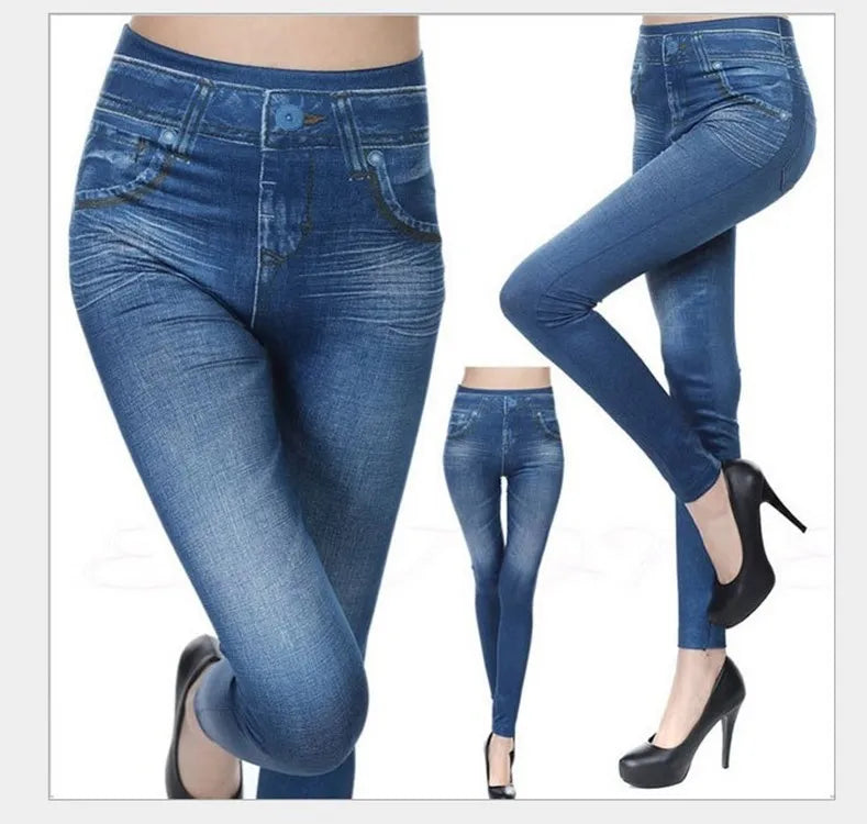 Dam Denim-print Leggings – Slim Faux Jeans Stretch Hög Midja Ankellång Casual Kontor, 3 Färger S–3XL