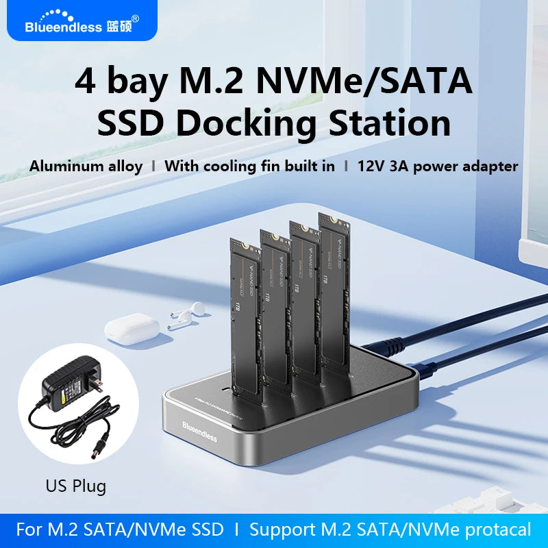 Blueendless 4 Bay M.2 NVMe/SATA SSD Docking Station Type C USB3.1 10Gbps M2 NVMe PCIe SATA NGFF Dual Protocol Aluminum SSD Case