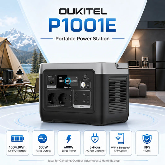 OUKITEL P1001E Portabel Kraftstation – 1004,8Wh, 300W (600W Peak), LiFePO4 8000 Cykler, UPS 10ms, 200W Sol, 3h Laddning