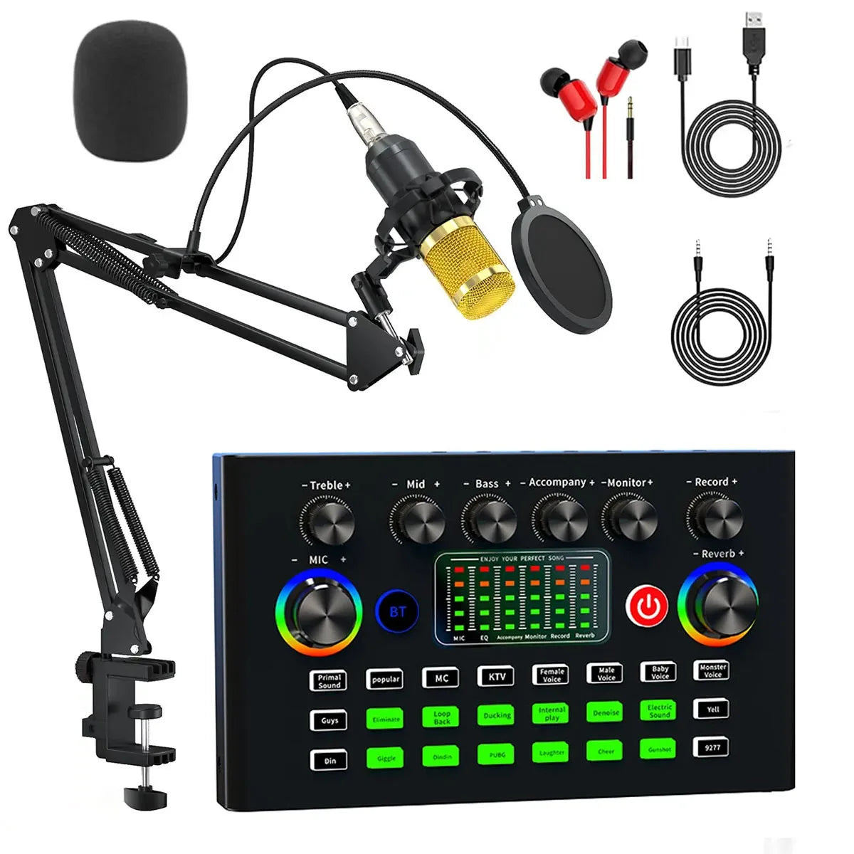 Podcast Equipment Bundle with BM800 Studio Microphone, Live Sound Card with DJ Mixer Effects, Suitable for Live Game, Streaming