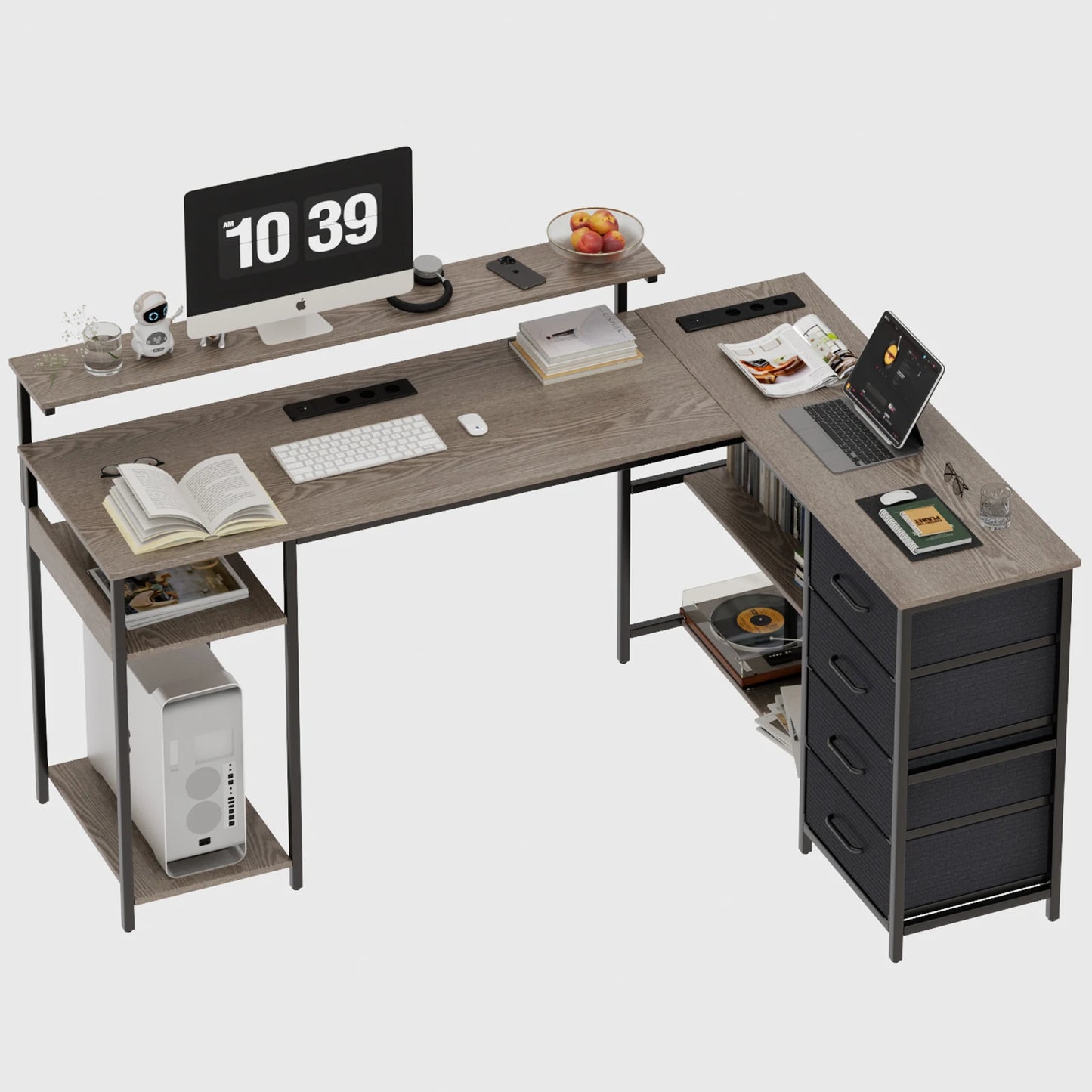 Black L-shaped gaming desk 120x110cm with monitor stand, drawers, cable cutout, and multiple shelves; office table for home use