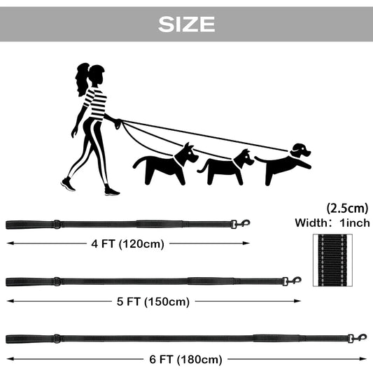 Kraftigt Hundkoppel med Dubbelhandtag & Reflexremsor – Nattpromenader, Stora Hundar, M–XL