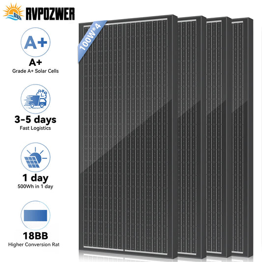 RVPOZWER Rigid Solpanel 100W 12,8V – N-Type 18BB Monokristallin, Vattentålig, 1/2/4-pack, Husbil/Båt/Stuga/Off-Grid, EU-lager (Frankrike)