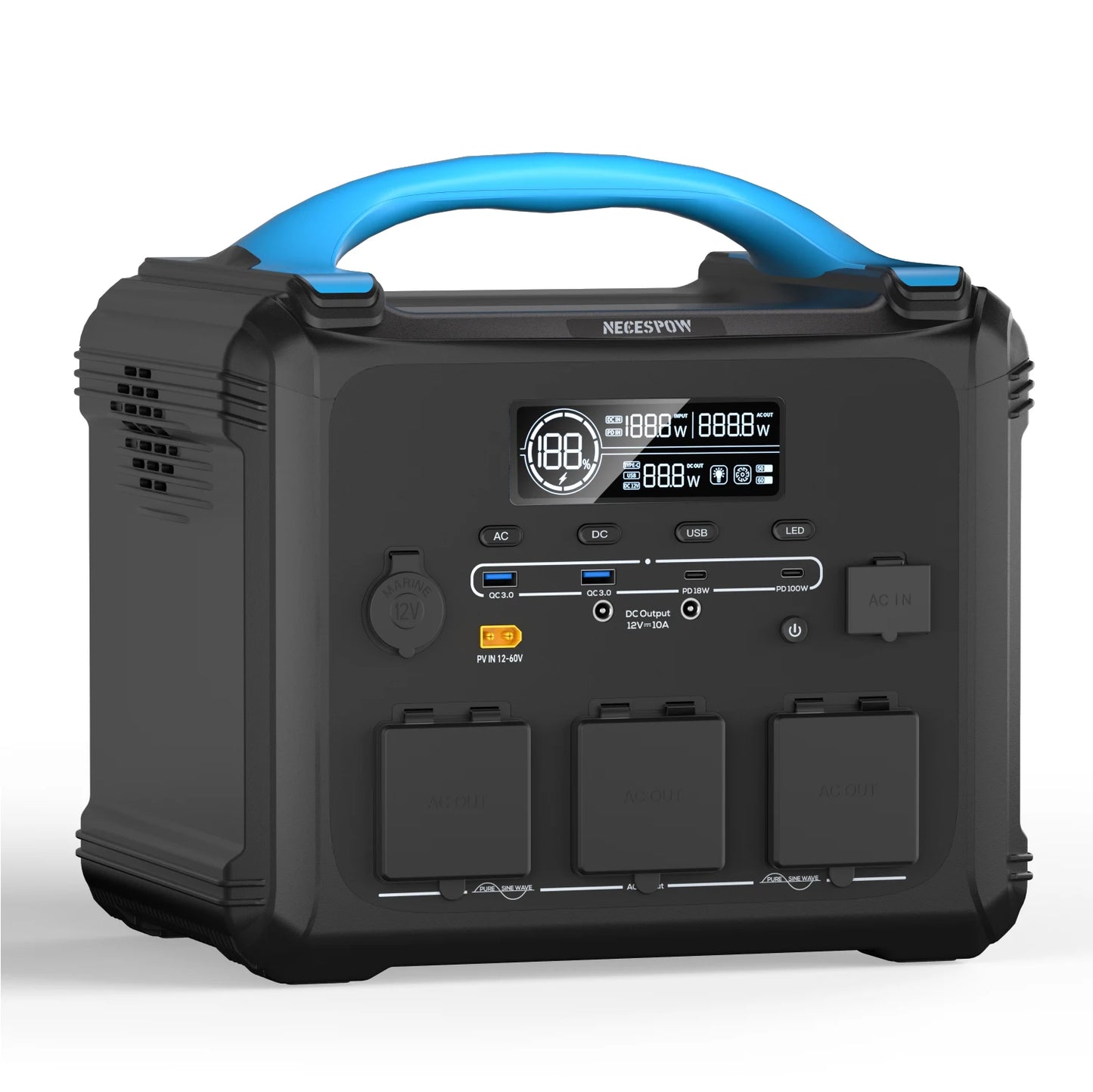 Necespow Outdoor Portable Power Station 2000W Solar Generator Pure Sine Wave for Camping RV Road Trip Outdoor Adventure Emergency Power Supply