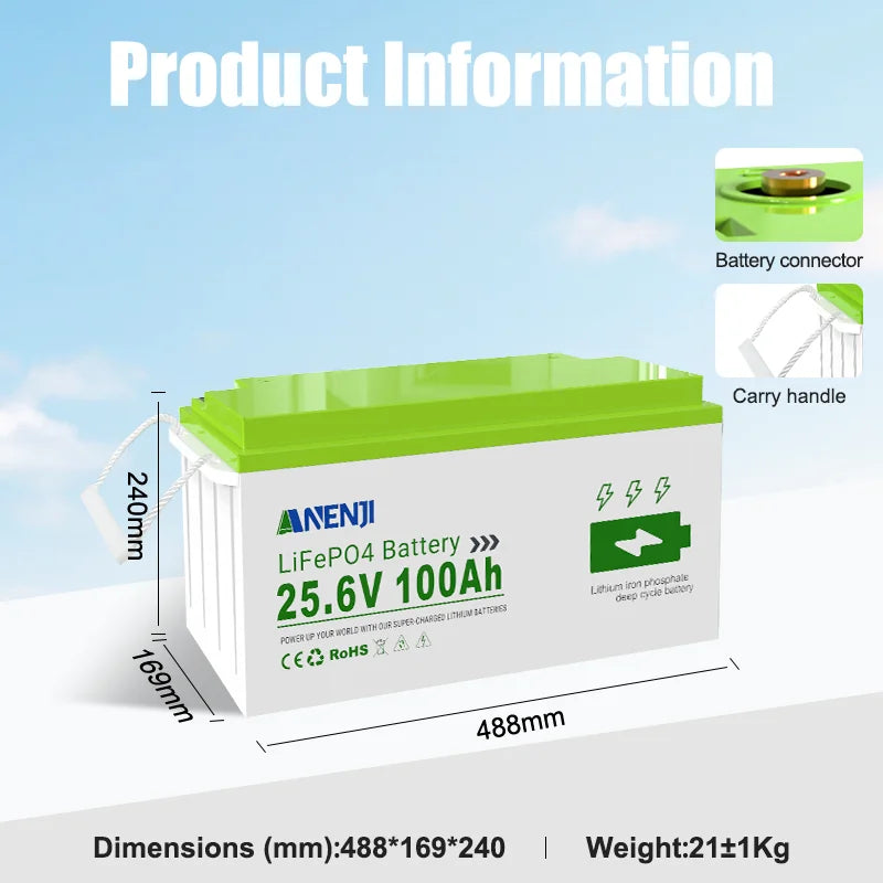 ANENJI LiFePO4 Batteri 25,6V 100Ah – Bluetooth-övervakning, Smart BMS, Grade A-celler, >6000 Cykler, Husbil/Båt/Sol/Off-Grid, EU-lager (Polen)