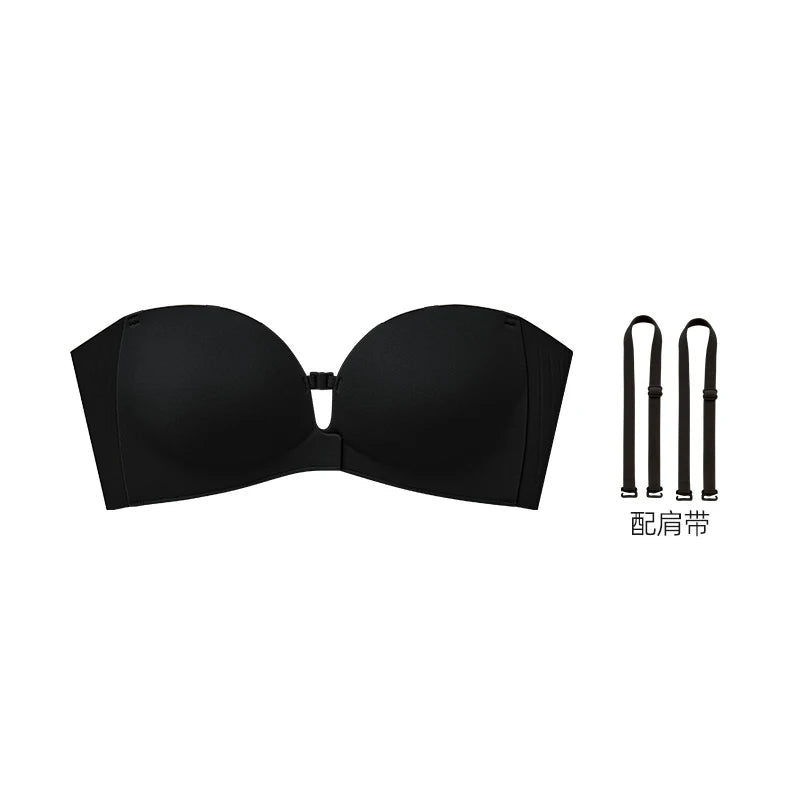 Front Closure Strapless Bras For Women Seamless Push Up Brassiere Thick Soft Underwear Solid Color Adjustable Invisible Lingerie