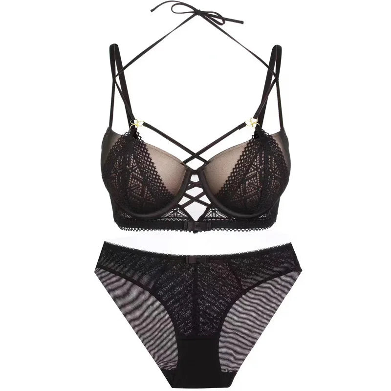 Women's Sexy Push up Lingerie Set French Lace Half Cup Bra with Garter Belt Summer Underwear Demi Bra Transparent