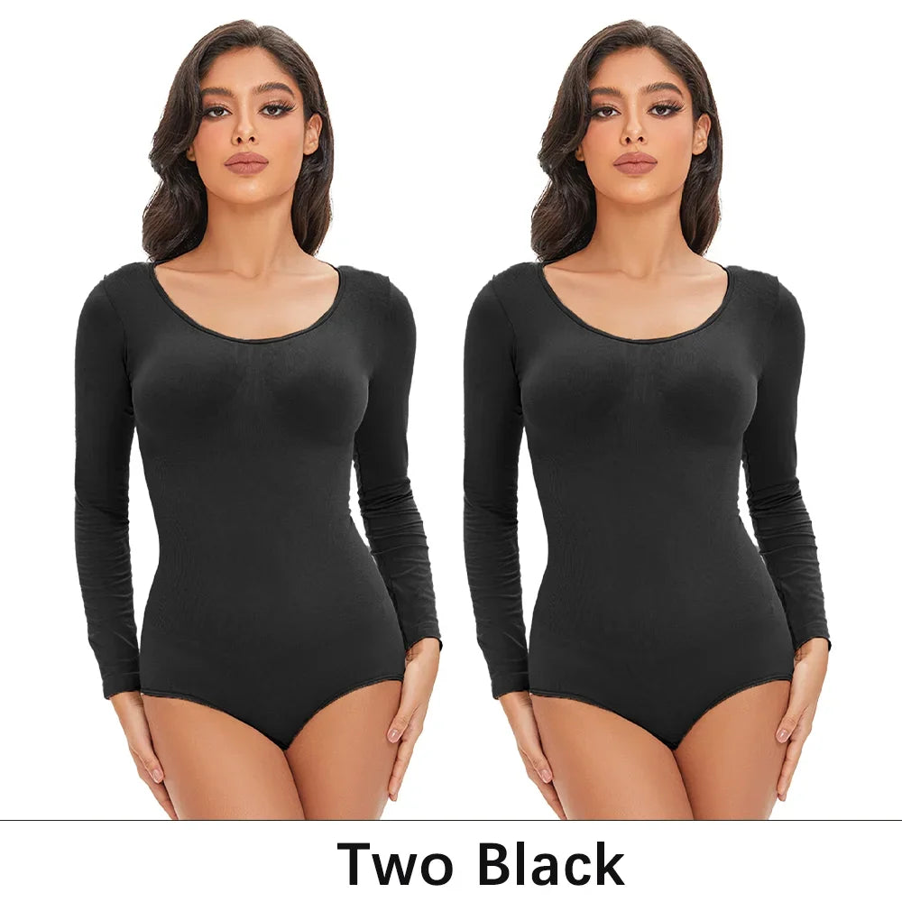 POKARLA Spandex Elastic Body Suit Shapewear Women Body Shaper Tummy Control Long Sleeve Open Crotch Round Neck Seamless Shapers