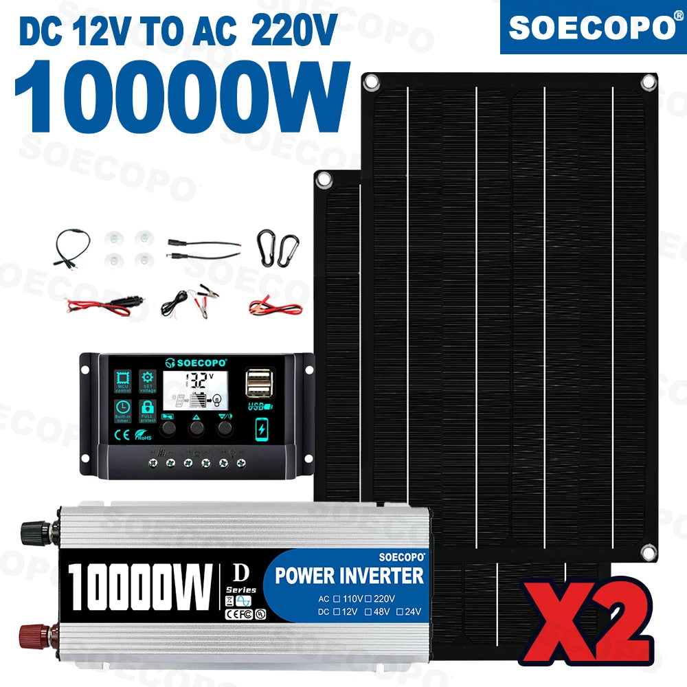 SOECOPO Solsystem-kit – 12V till 110V/220V, 1100W Inverter (10000W topp), 100A Regulator, 2×Solpanel, Hem/Husbil/Camping/Off-Grid