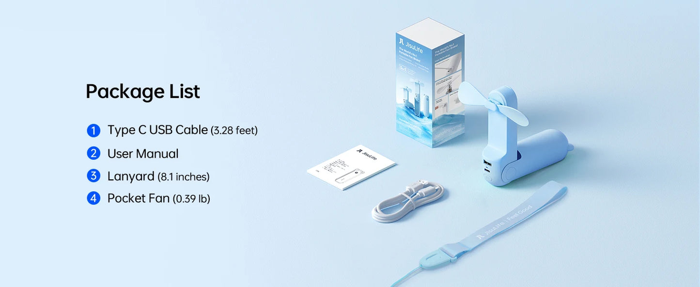 JISULIFE Handhållen Fläkt F8X – 4500mAh, 37h Drifttid, 3 Hastigheter, Powerbank & Ficklampa
