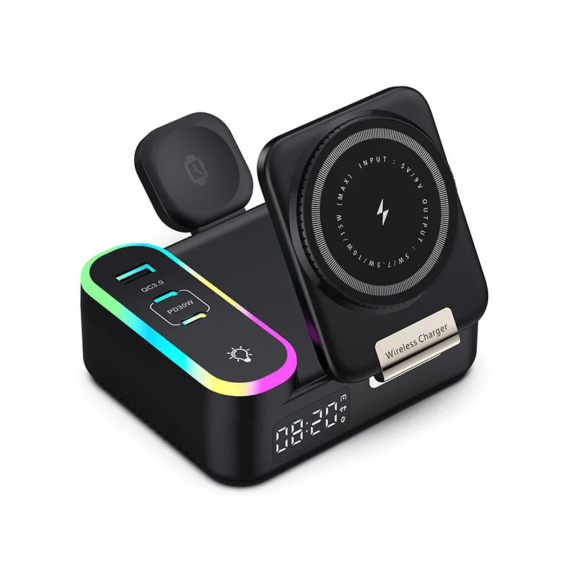 LYNXZ 8-i-1 Magnetisk Trådlös Laddstation 15W – RGB MagSafe PD30W USB-C iPhone AirPods Apple Watch Vit Svart