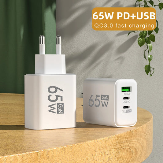 65W GaN-laddare med 3 Portar – USB-C PD och QC 3.0, Kompatibel med iPhone, Samsung och Xiaomi