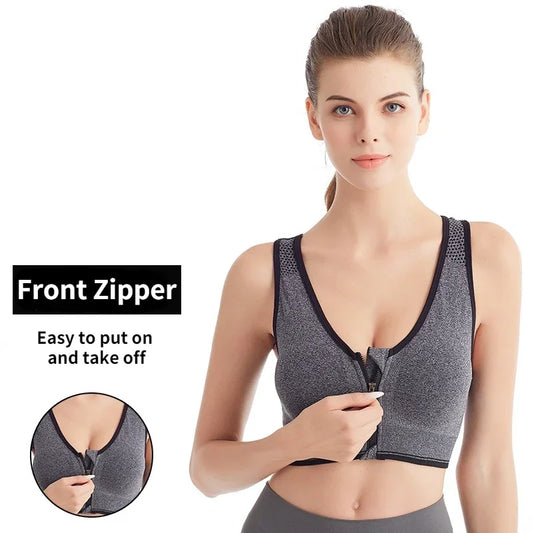 Sport-bh för kvinnor med dragkedja fram – crop top för träning, yoga och gym