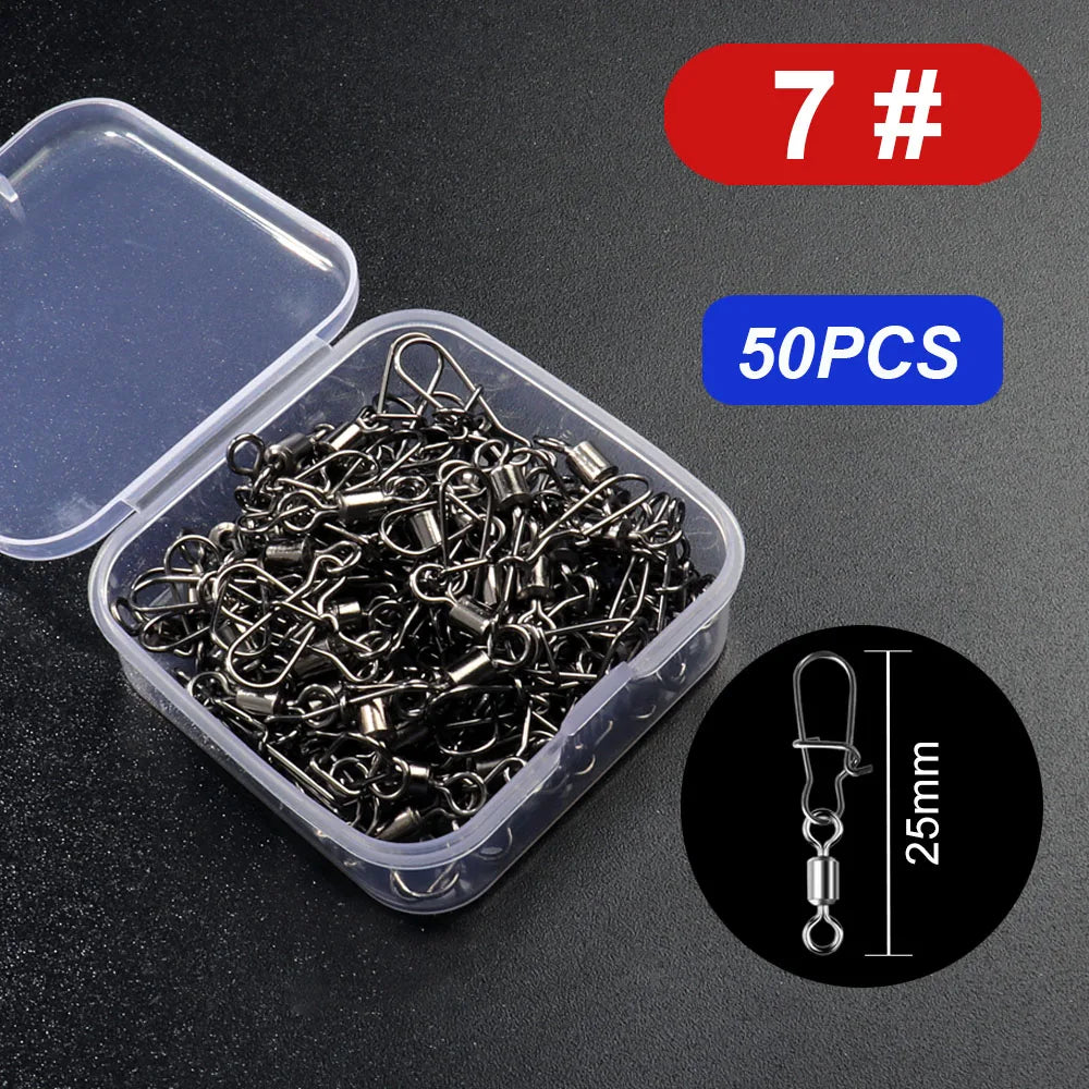 50pcs/box Swivel Snap Connector Pin Rolling Ring Fishing Tackle Box Buckle Hook Lure Kit Wire Rotate Bearing Pesca Tool Gear