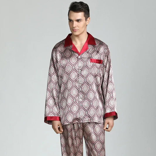Silk Satin Pyjamas för Herr - 2-delat Set med Långärmad Topp & Byxor