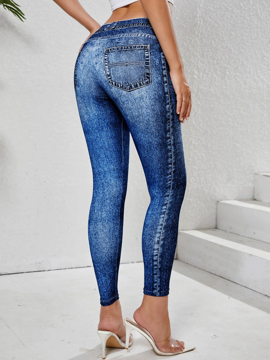 Dam Fejk-Denim Leggings 2026 – Fickor Hög Midja Magkontroll Stretch Fitness Yoga Vardag S–XXL