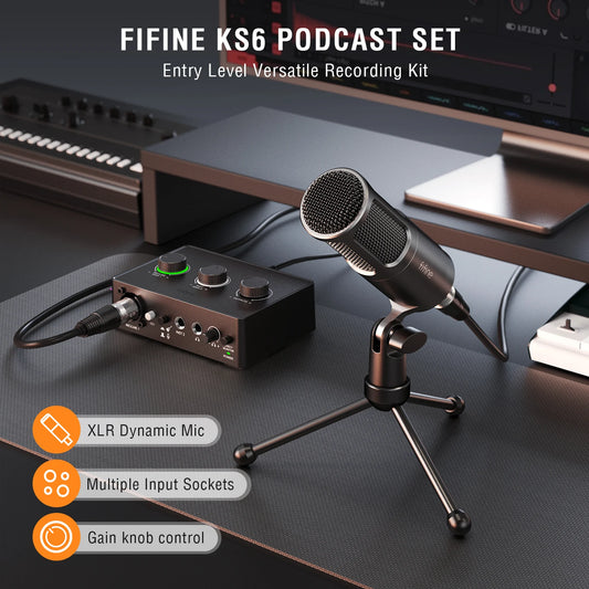FIFINE Podcast-kit med dynamisk mikrofon och ljudkort, allt-i-ett-studiiset för PC, instrumentinspelning och streaming - KS6