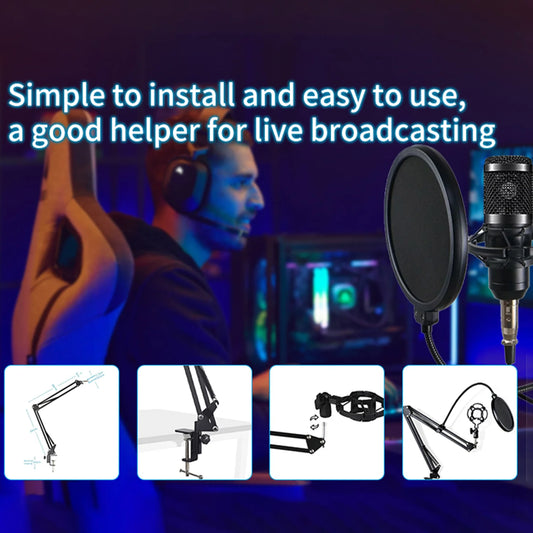 Kondensatormikrofon med ljudinterface – livestreaming, podcast och popfilter