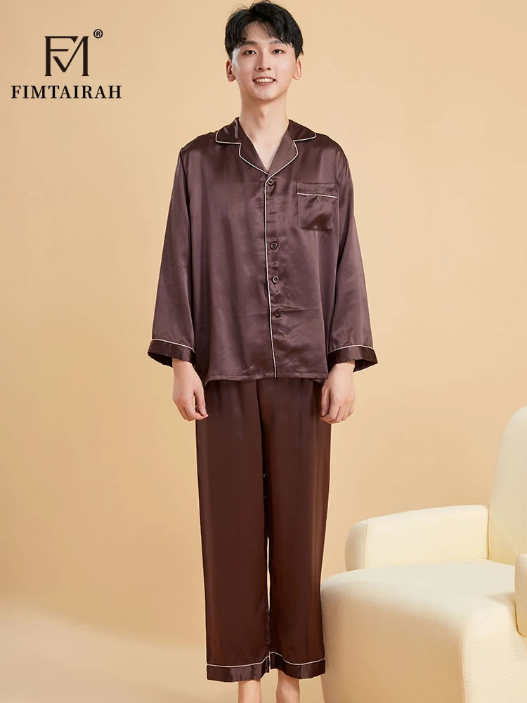 Fimtairah Real 19MM 100% Mulberry Silk Pajamas Men's Autumn Hangzhou Solid Color heavy Silk Home Wear Men's