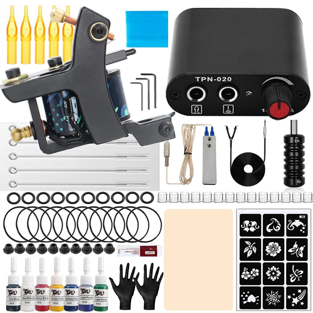 Complete Tattoo Machine Kit Power Supply with Tattoo Needles Ink Accessories Set for Tattoo Body Art Tool Permanent Makeup Kit