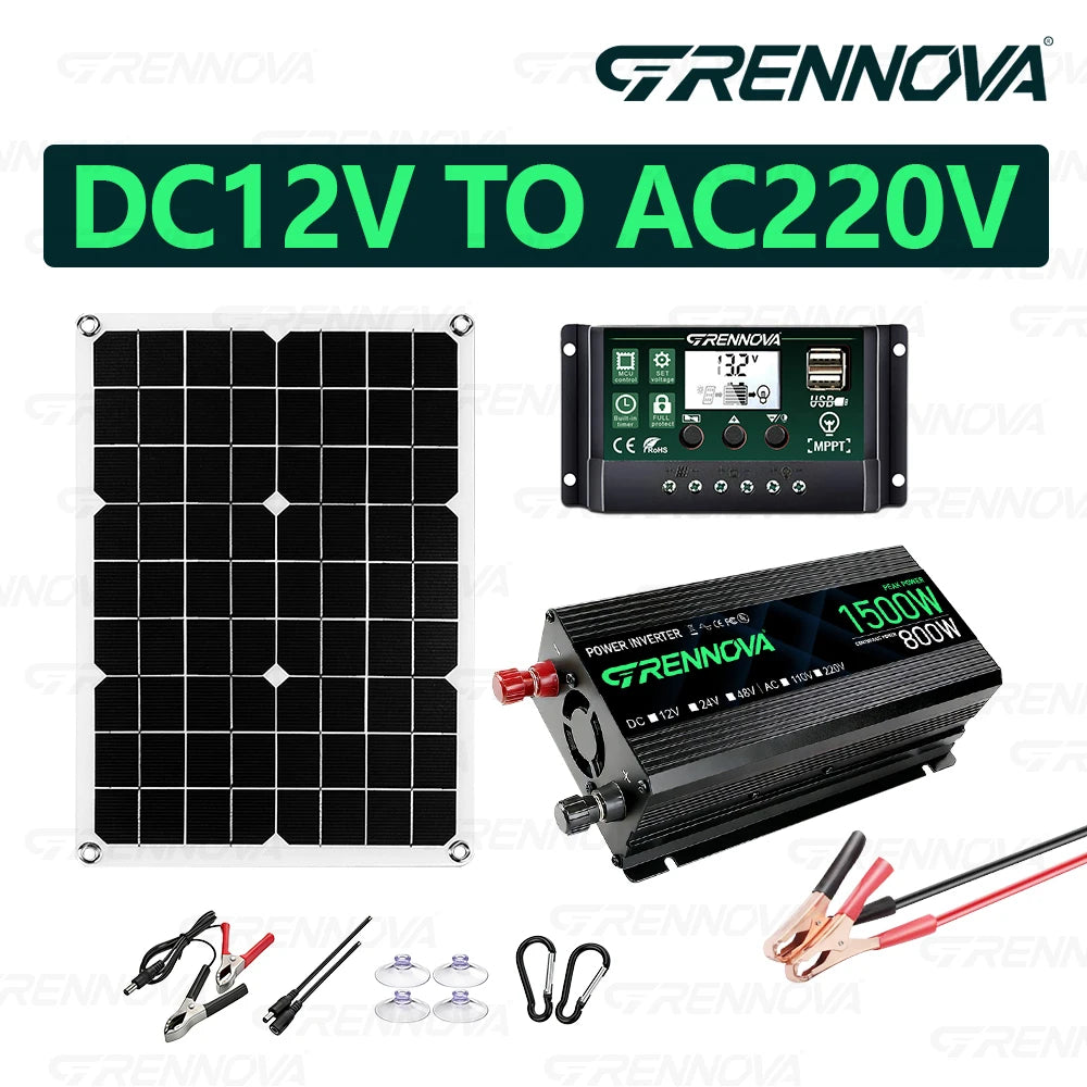 Grennova Solcellskit 750W – Ren Sinusvåg 1500W Peak + 40W Panel + 60A MPPT, 110V/220V Off-Grid Husbil Camping