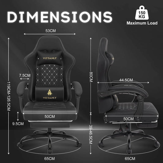 Vittanly Ergonomisk Gamingstol med Huvudstöd, Svankkudde och Fotstöd, Höjdjusterbar Roterande Kontorsstol