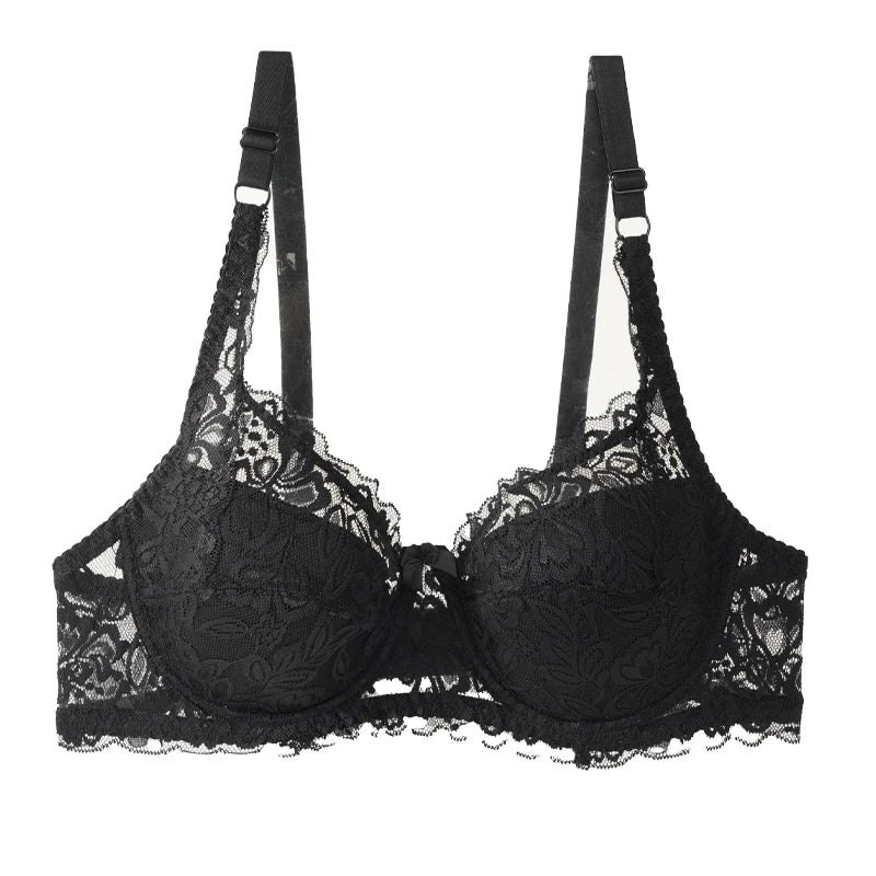 Sexy Push Up Lace Bras Women Thin Cotton Lined Underwire 38-44 C/D Cup Breathable Bralette Hollow Out Floral Underwear Plus Size