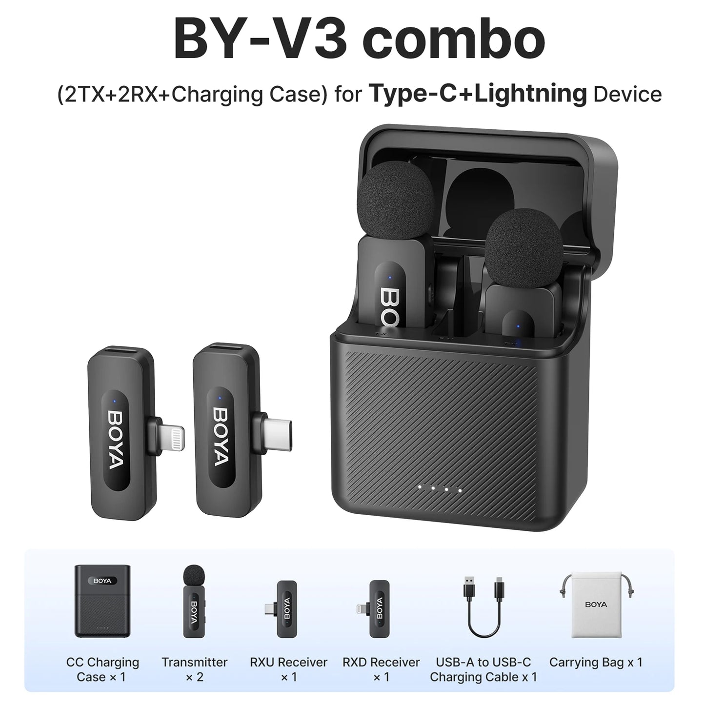 BOYA BY-V3 Wireless Lavalier Lapel Mirophone Noise-cancelling Rechargeable Mic for iPhone Android Camera Live Streaming Vlogging