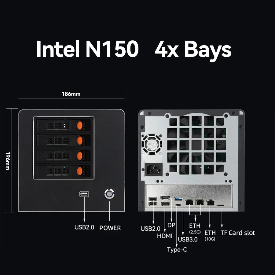 XCY X108 NAS Mini PC 4-fack 2,5"/3,5" SATA – Intel N150 / Celeron N2940, Windows 10/11 Linux NAS, DDR5/DDR3L