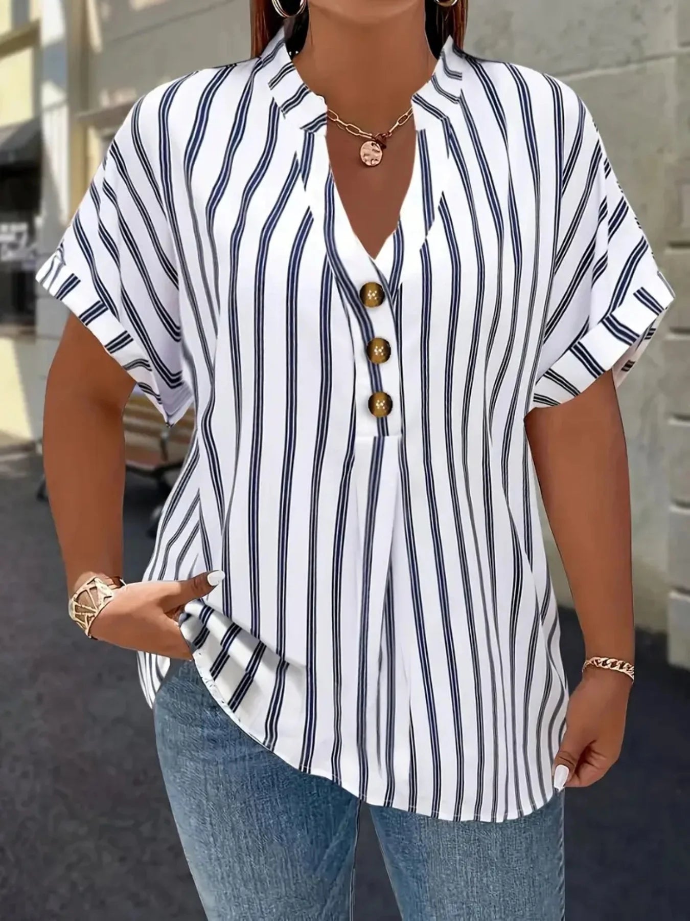 Gadinus White Plus Size Striped Blouse Women V Neck Button Front Short Sleeve Loose Fit Casual Shirt Tunic Top