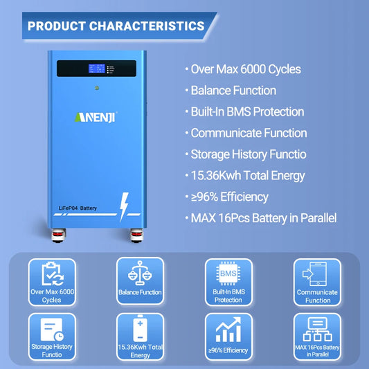 ANENJI LiFePO4 Hemmabatteri 48V 300Ah / 51,2V 314Ah – 15–16kWh, Grade A, >6000 Cykler, Bluetooth, CAN/RS485, Skalbart, Hjul, EU-lager (Polen)