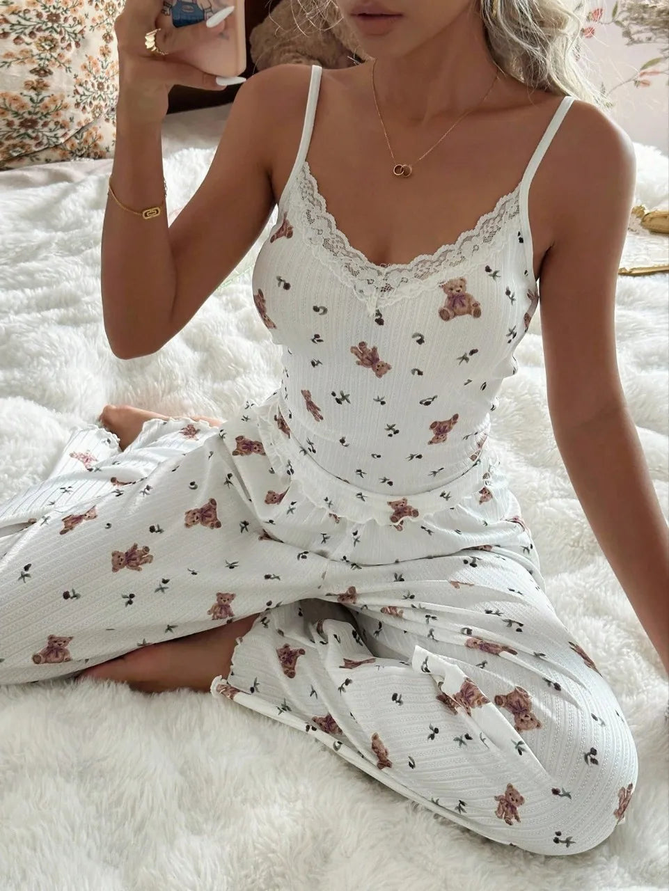 Pyjamasset dam med björntryck – kort linne och långbyxor, S–1XL