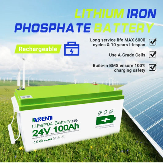 ANENJI LiFePO4 Batteri 24V 100Ah 2,56kWh – Bluetooth, 100A BMS (200A puls), Grade A Prismatiska Celler, >6000 Cykler, IP65, 5års Garanti, EU-lager (Polen)