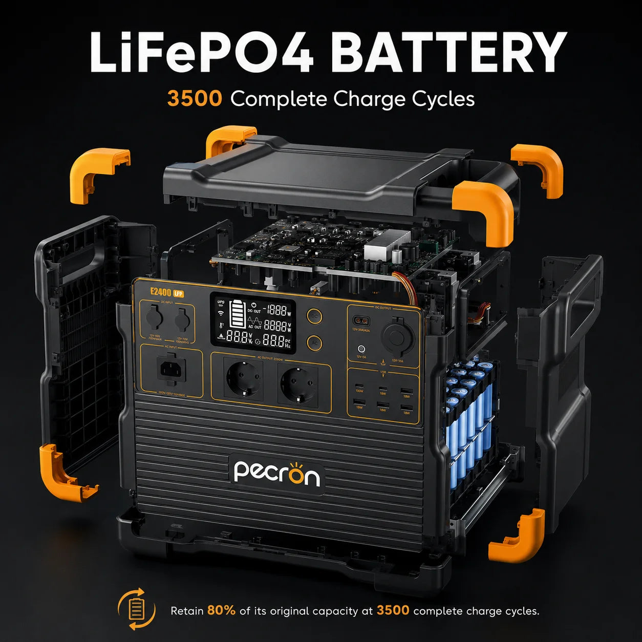 Pecron E2400 LFP 2400W Portable Power Station 2048Wh LiFePO4 Solar Generator with UPS Expandable to 8192Wh 1.6H Fast Charge 800W Solar Input for Home Emergency Camping RV Off-Grid