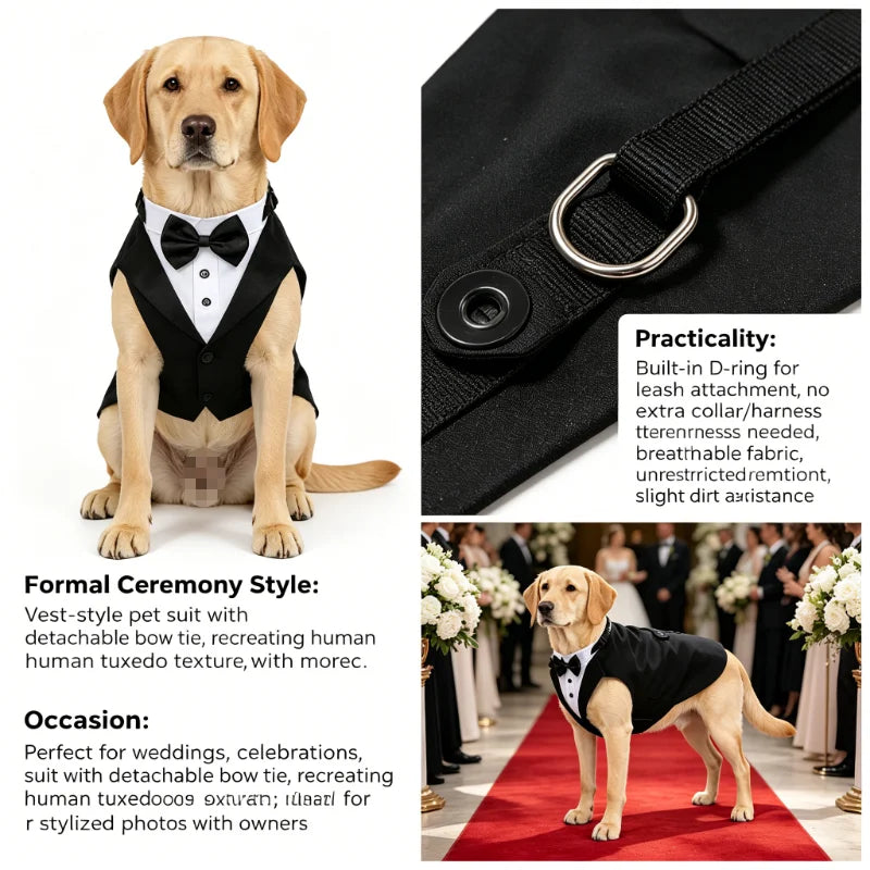 Dog Tuxedo Suit Formal with Bowtie Collar Bandana Set Wedding Party Costume Doggy Prince Shirt for Engagement Pet Clothes