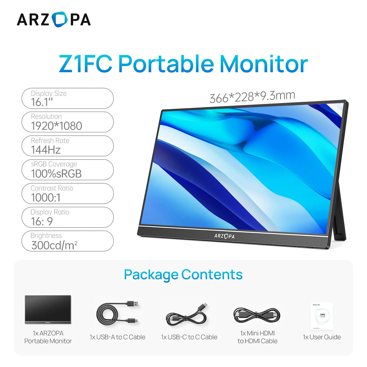 ARZOPA Z1FC portabel skärm 16,1 tum – Full HD IPS, 144 Hz