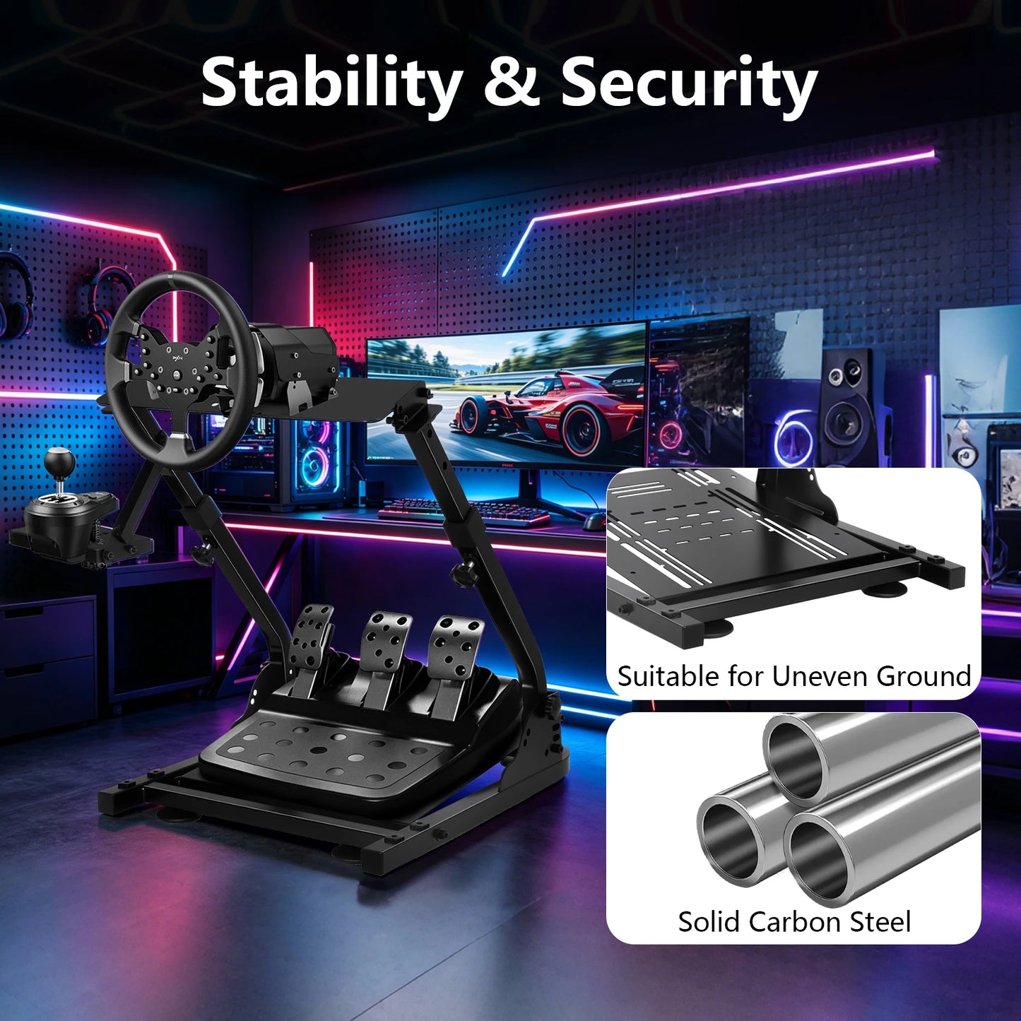 Universal Foldable Racing Steering Wheel Stand Adjustable Carbon Steel Simulator Cockpit Mount Compatible with Logitech G25 G27 G29 G920 T300 T500RS Gaming Wheel Support, Does Not Include Wheel Pedals Shifter