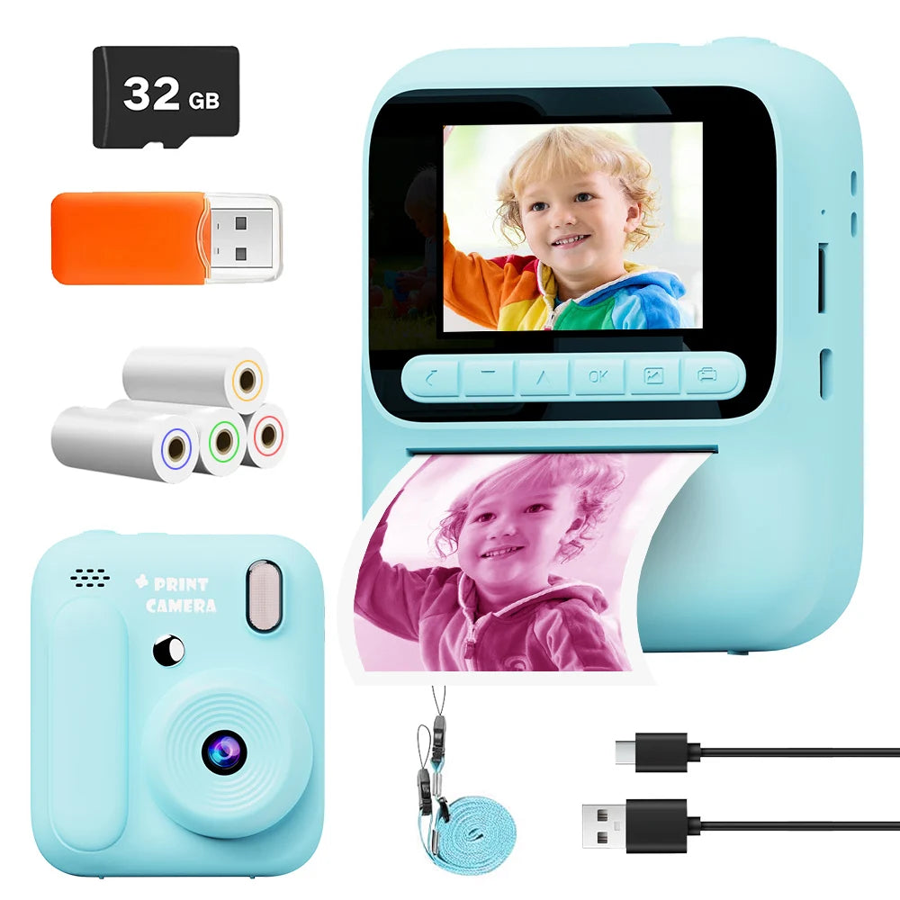 New Kids Instant Digital Camera 2.4 Inch IPS Screen 8X Zoom Mini Single Color Print Camera For Kids 3-12 Years Birthday Gifts