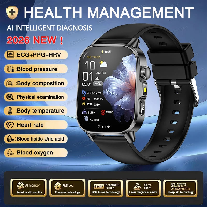 2026 ECG+PPG Daily Health Smart Watch Men Blood Fat Uric Acid Heart Rate Blood Oxygen Bluetooth Call Wellness Tracker Smartwatch