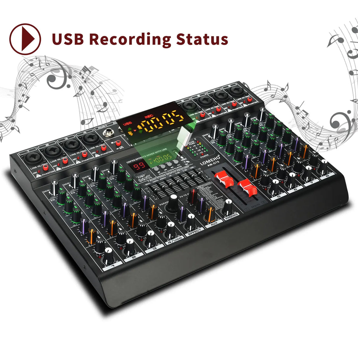 LOMEHO AM-GT8 8-kanals mixerbord med 99 DSP-effekter