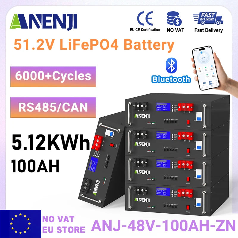 ANENJI LiFePO4 Rackmonterat Batteri 51,2V 100Ah 5kWh – 16S1P, A-grade, BMS 16S100A, RS485/CAN, Parallellkopplingsbar, >6000 Cykler, Hemmasolenergi, EU-lager (Polen)