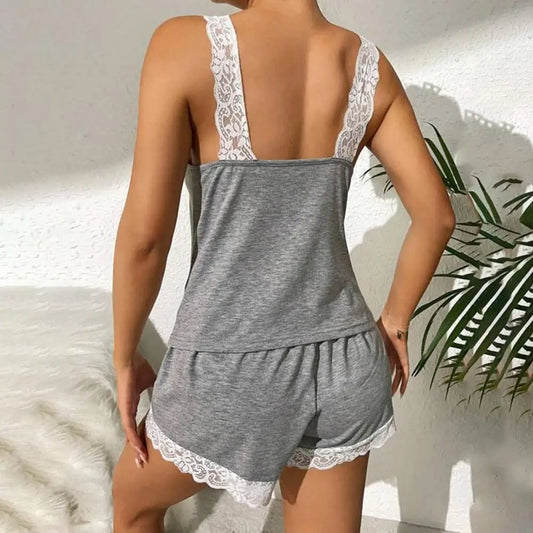 Dam Pyjamas Set Sommar – Spetskant V-ringad Linne & Shorts Resårmidja, Grå