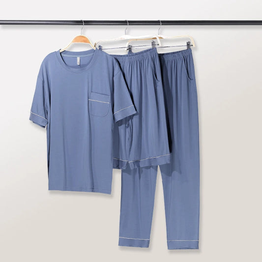 Plus Size L-5XL Modal Herr Pyjamas Set Sommar Mjuk Nattkläder 3-delat Set